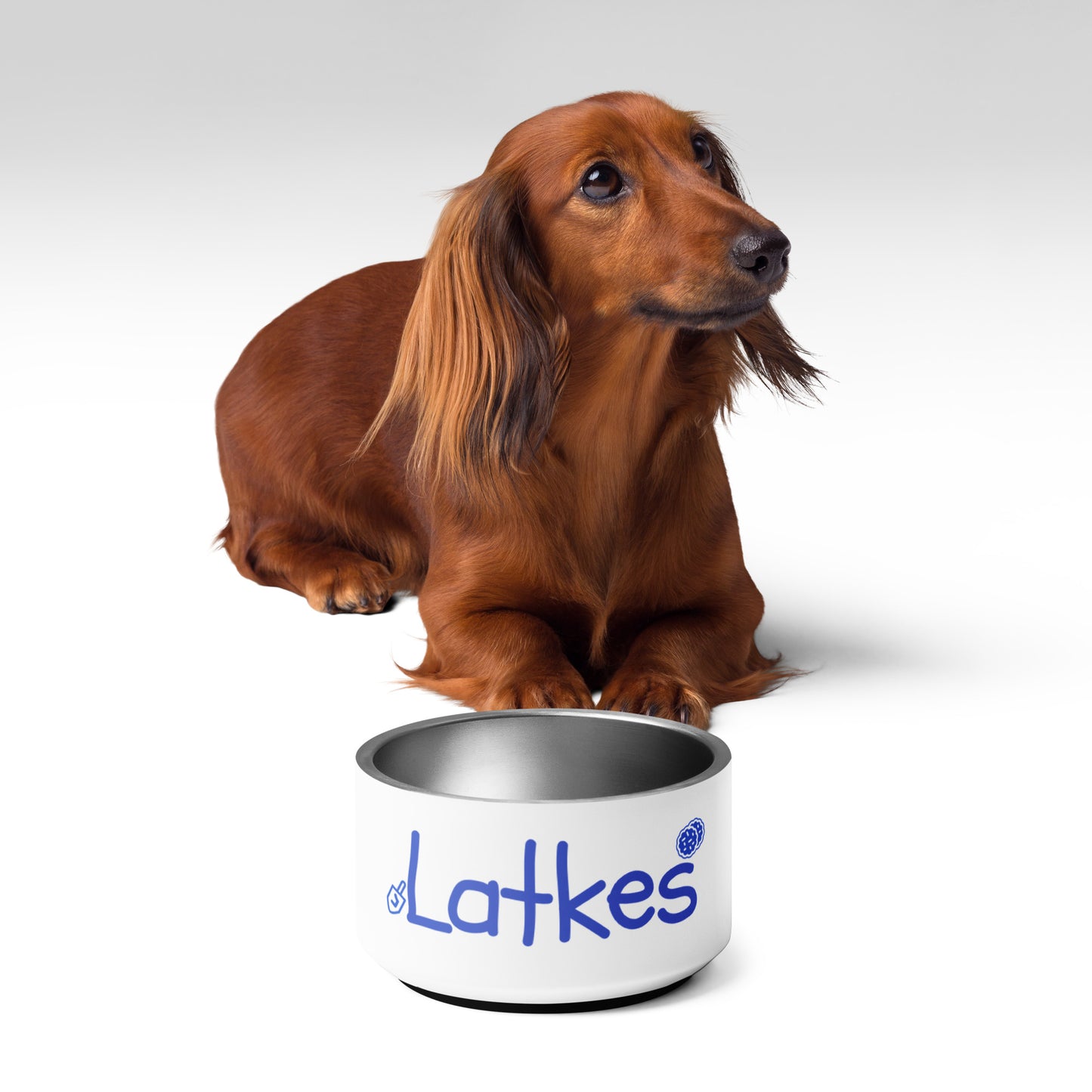 Latkes Pet Bowl | Funny Pet Bowl with Original Art | Blue and White Hanukkah Gift for Dog or Cat | Stainless Steel | 18 oz and 32 oz
