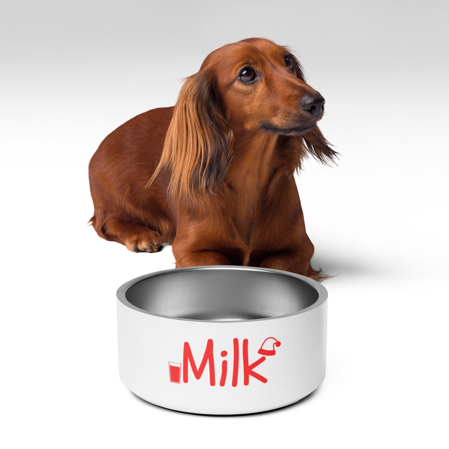 Milk Pet Bowl | Funny Pet Bowl with Original Art | Red and White Holiday Pet Bowl for Dog or Cat | Stainless Steel | 18 oz and 32 oz