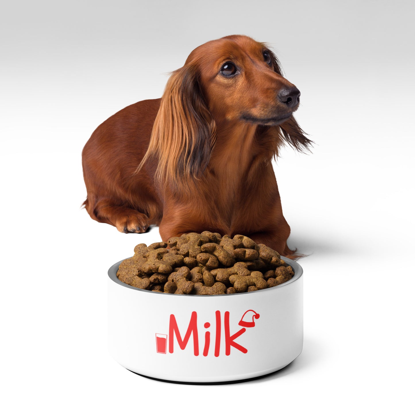 Milk Pet Bowl | Funny Pet Bowl with Original Art | Red and White Holiday Pet Bowl for Dog or Cat | Stainless Steel | 18 oz and 32 oz