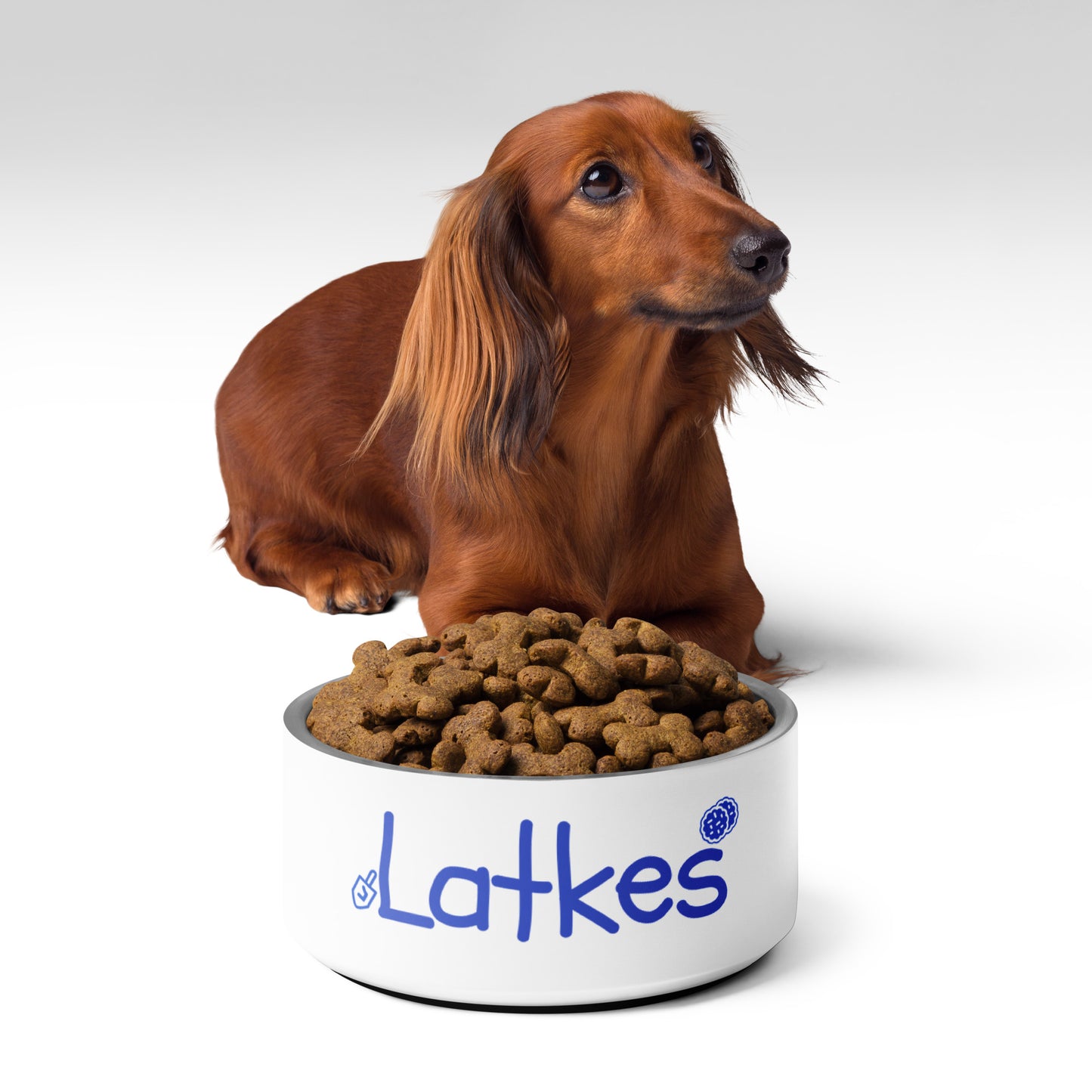 Latkes Pet Bowl | Funny Pet Bowl with Original Art | Blue and White Hanukkah Gift for Dog or Cat | Stainless Steel | 18 oz and 32 oz