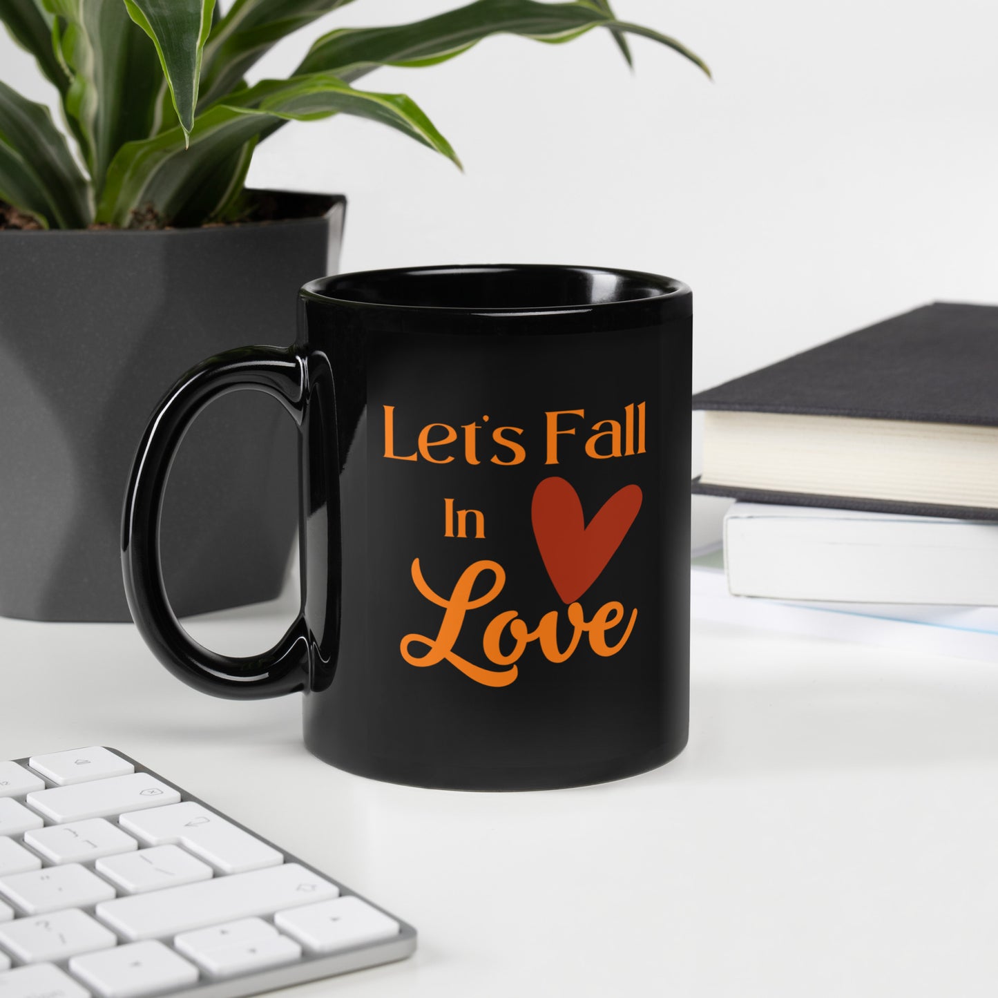 Lets Fall in Love — Black Glossy Mug with Heart Design | 11oz or 15oz